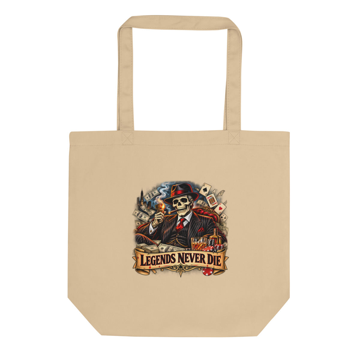 Skelett-Gangster mit Zigarre und Schriftzug – Bio-Baumwolltasche – Frontdruck