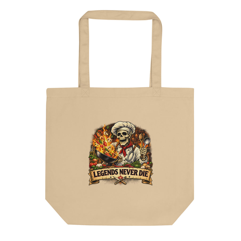 Skelett-Koch mit brennender Pfanne und Schriftzug – Bio-Baumwolltasche – Frontdruck