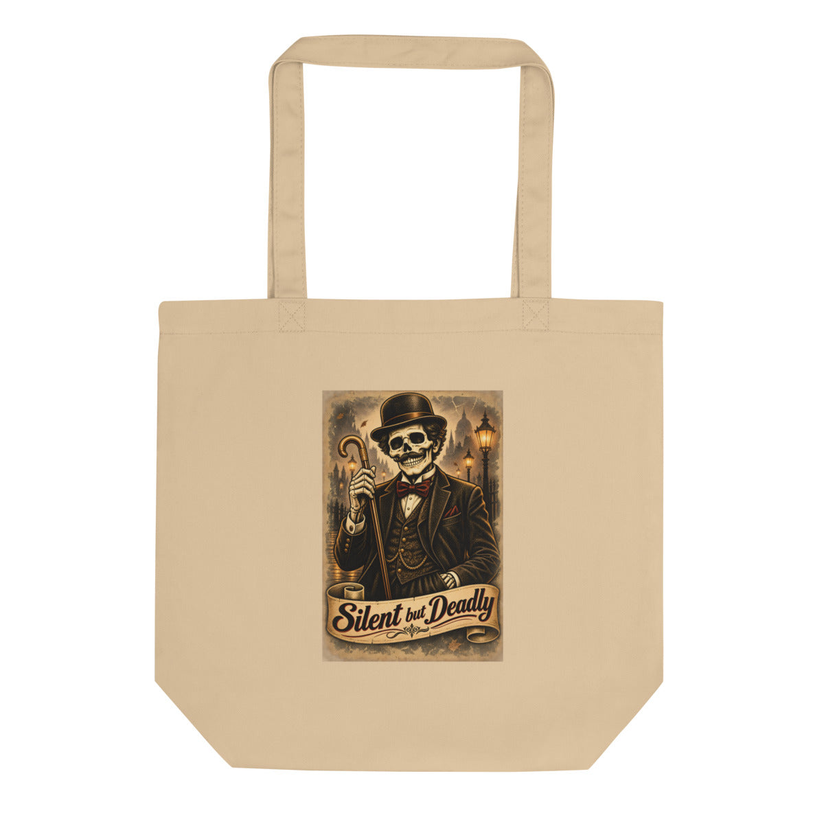 Skelett-Gentleman mit Zylinder und Gehstock – Bio-Baumwolltasche – Frontdruck