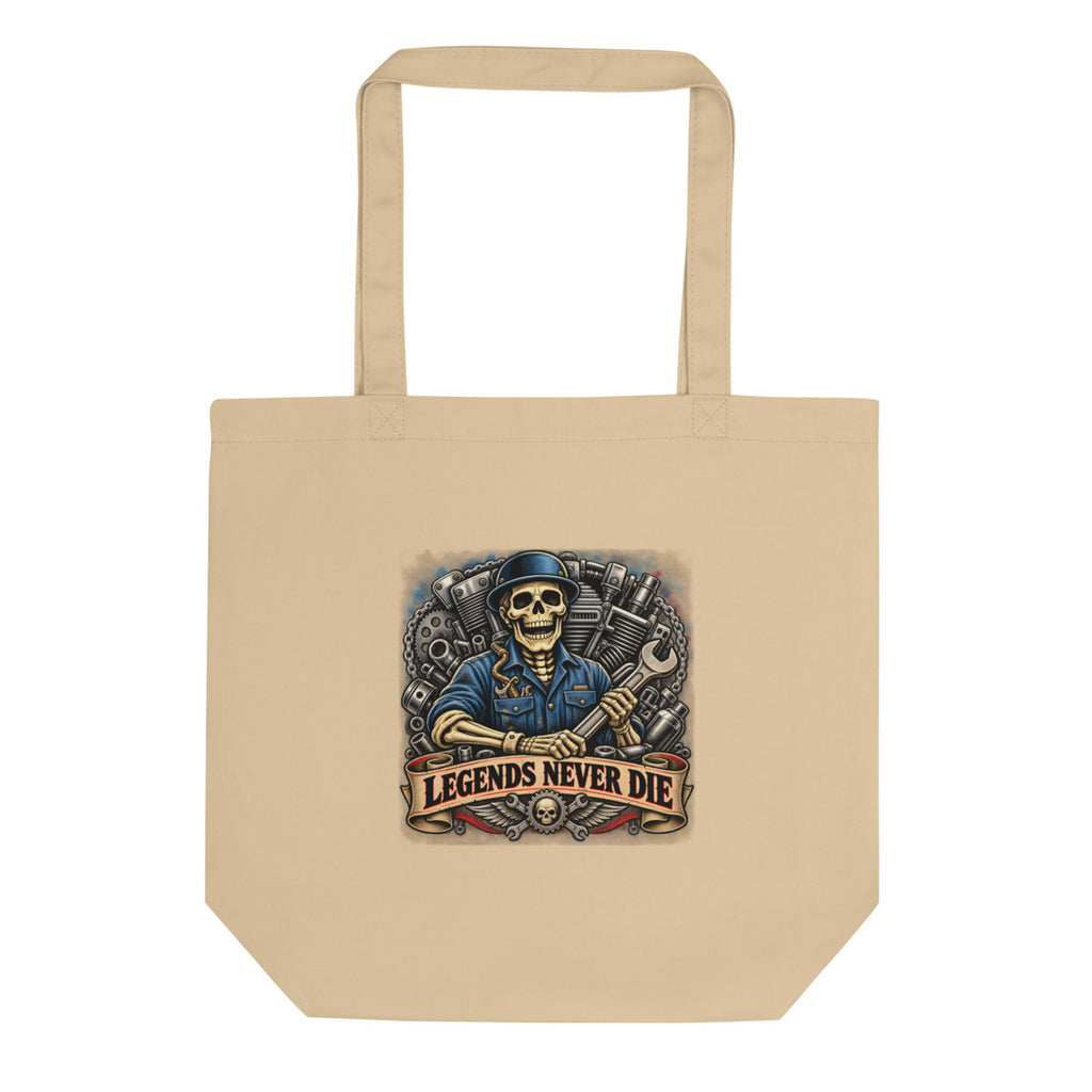 Skelett-Mechaniker mit Schraubenschlüssel und Schriftzug – Bio-Baumwolltasche – Frontdruck