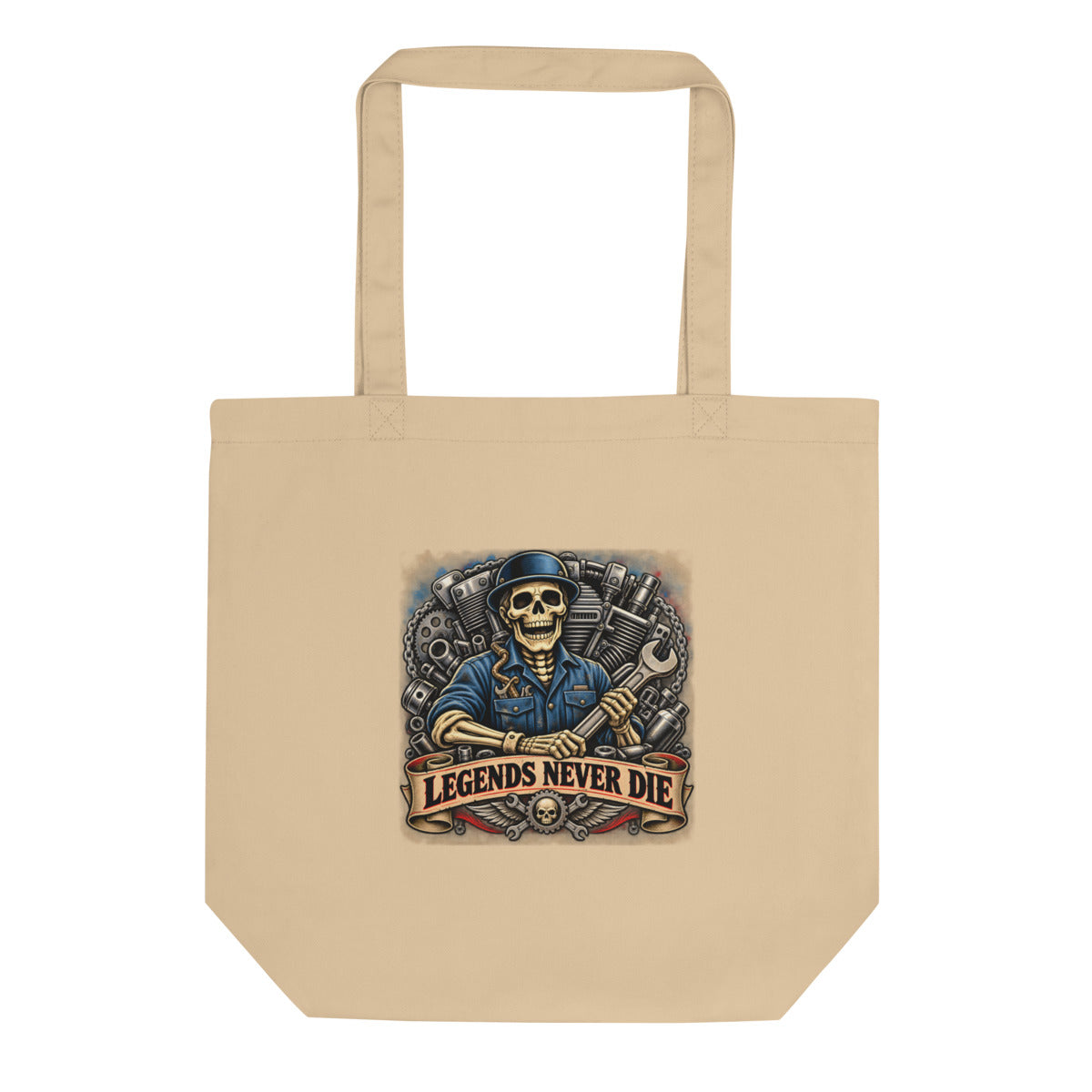 Skelett-Mechaniker mit Schraubenschlüssel und Schriftzug – Bio-Baumwolltasche – Frontdruck