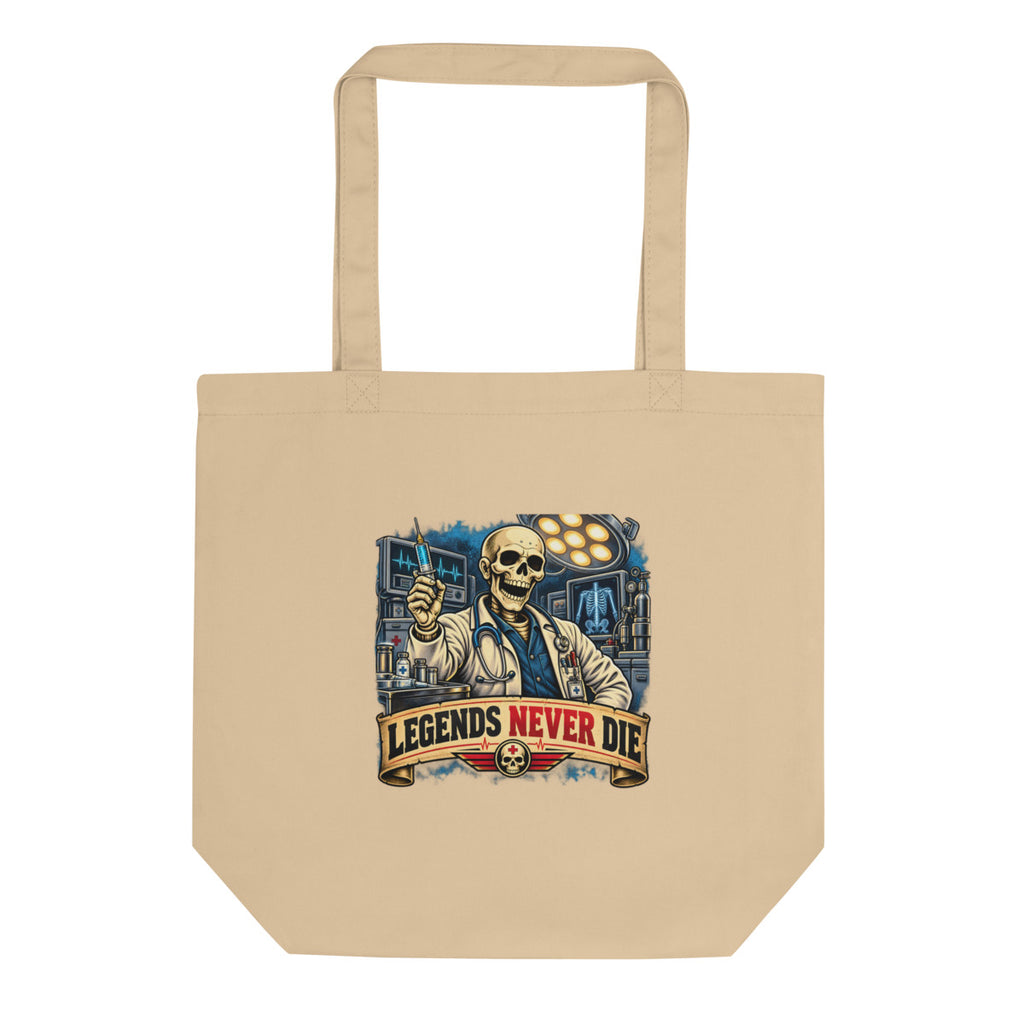 Skelett-Arzt mit Spritze und Schriftzug – Bio-Baumwolltasche – Frontdruck