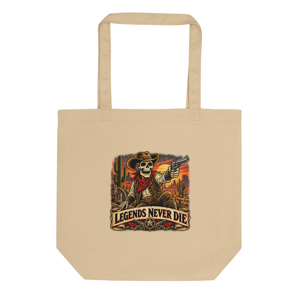 Western Skelett mit Revolver und Schriftzug – Bio-Baumwolltasche – Frontdruck