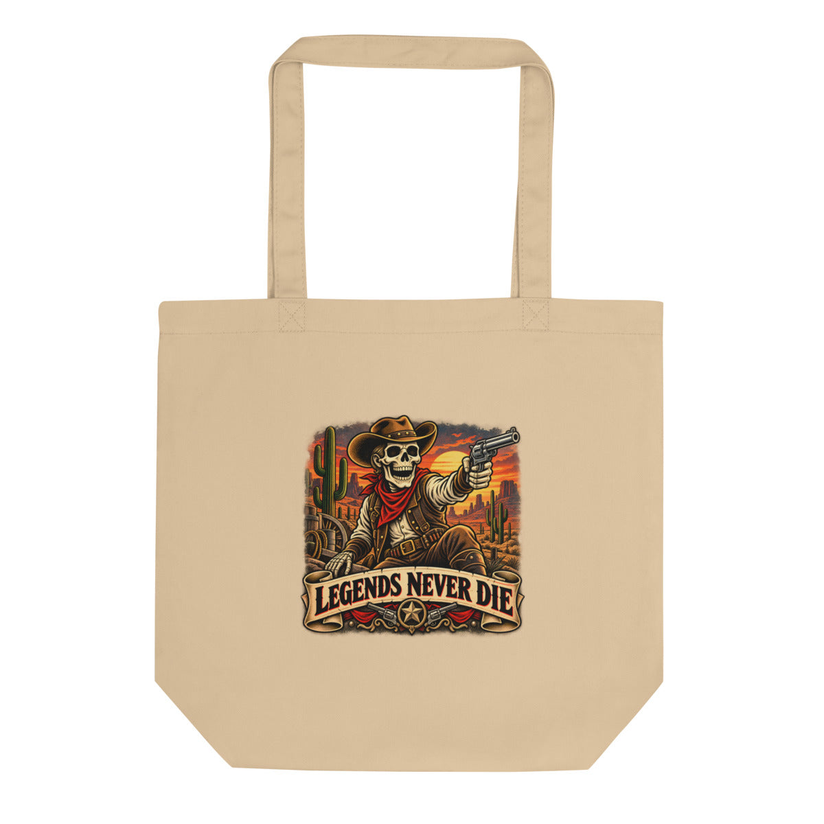 Western Skelett mit Revolver und Schriftzug – Bio-Baumwolltasche – Frontdruck