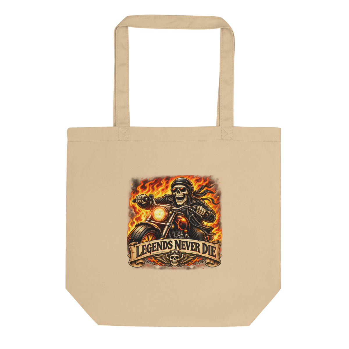 Skelett-Biker mit Flammen und Schriftzug – Bio-Baumwolltasche – Frontdruck
