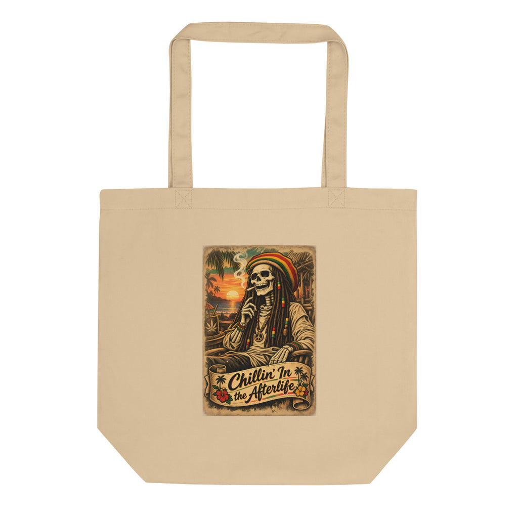 Skelett mit Rasta-Mütze am Strand – Bio-Baumwolltasche – Frontdruck