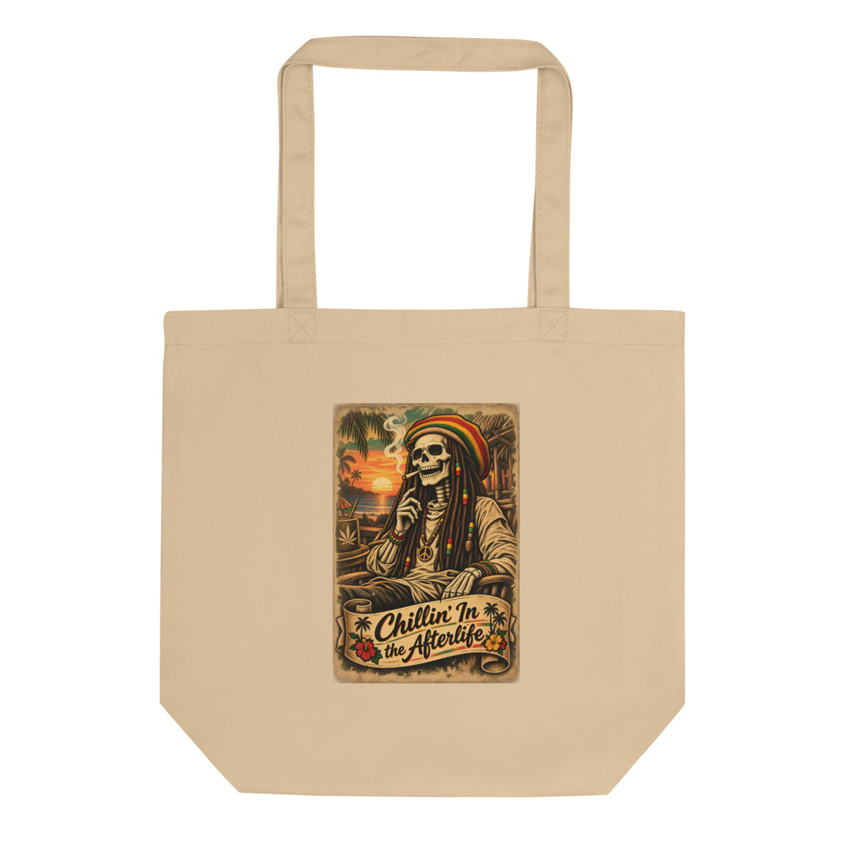 Skelett mit Rasta-Mütze am Strand – Bio-Baumwolltasche – Frontdruck
