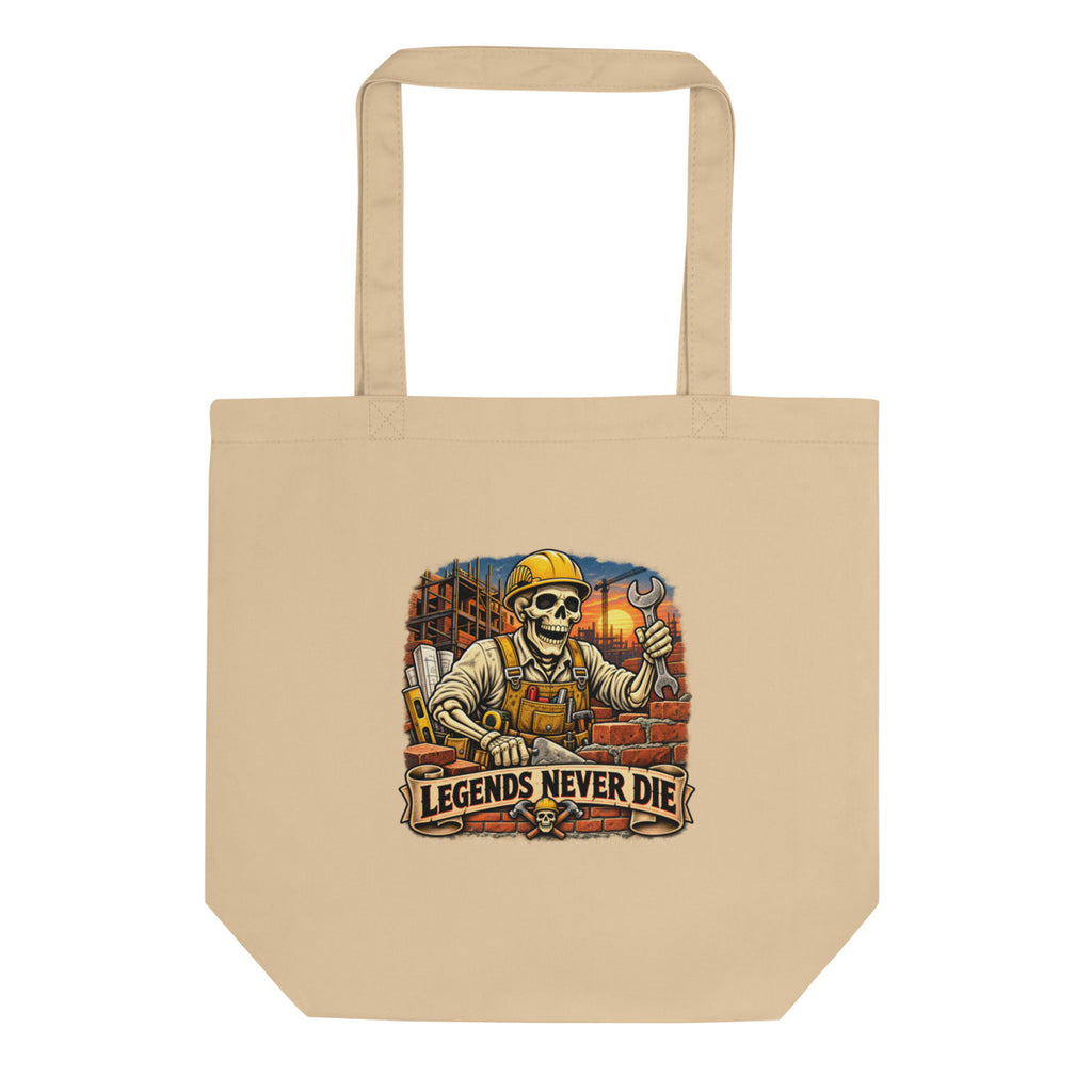Skelett-Bauarbeiter mit Schriftzug "Legends Never Die" – Bio-Baumwolltasche – Frontdruck