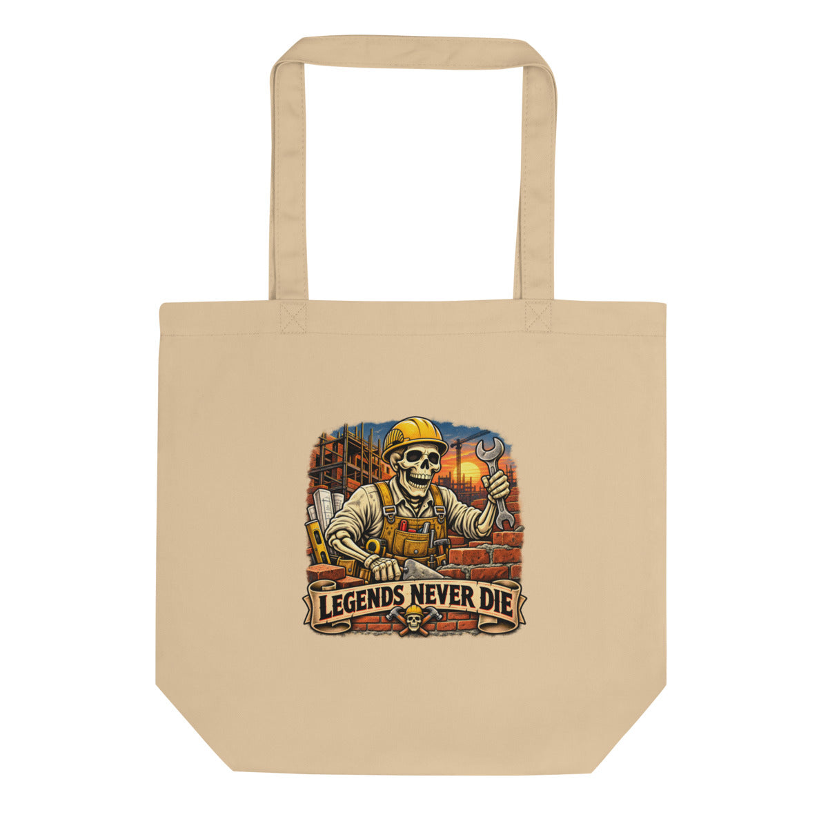 Skelett-Bauarbeiter mit Schriftzug "Legends Never Die" – Bio-Baumwolltasche – Frontdruck
