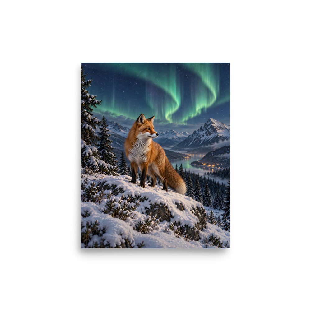 Winterfuchs unter Nordlichtern – Poster 8 × 10 Zoll