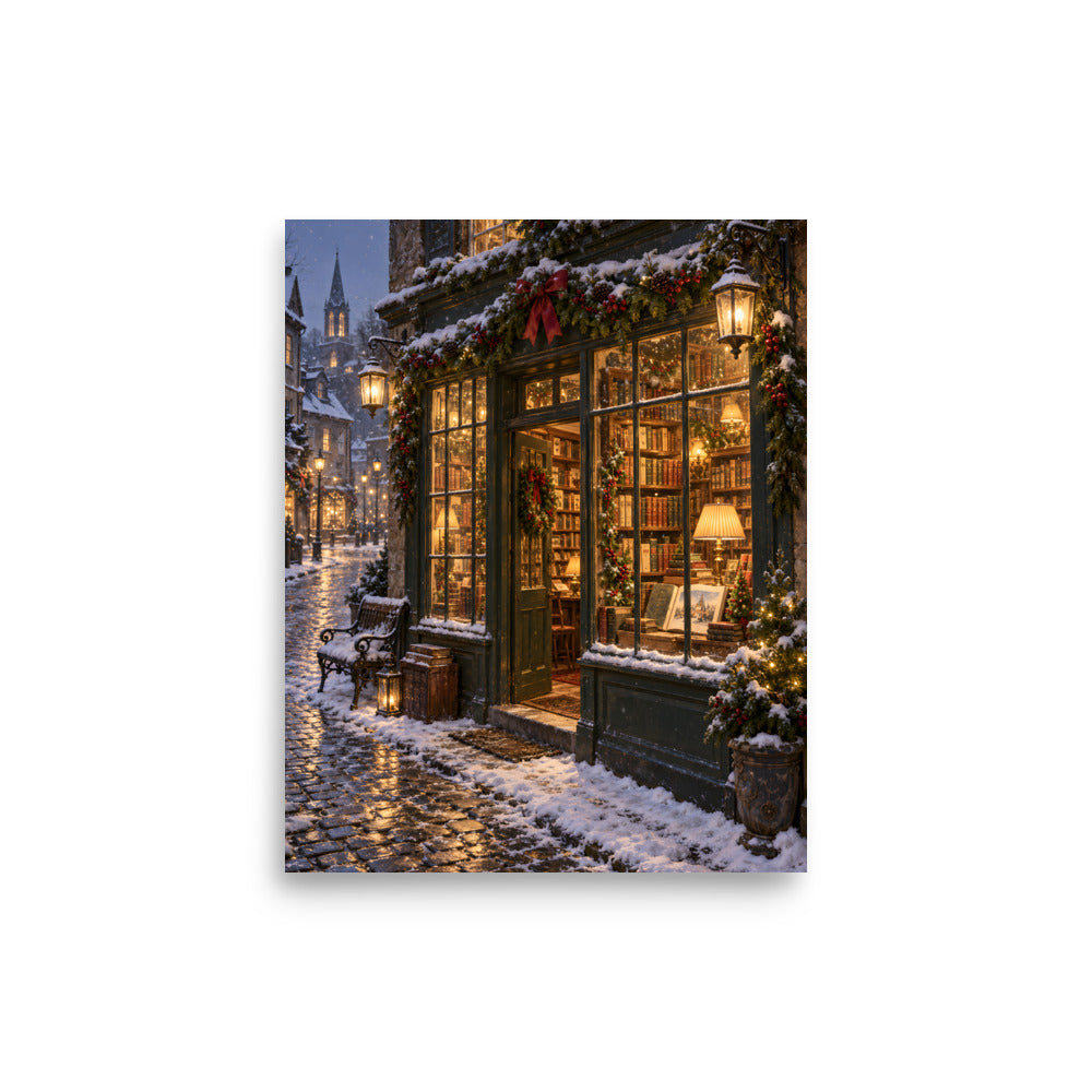 Weihnachtlicher Buchladen im Schnee – Poster 8 × 10 Zoll