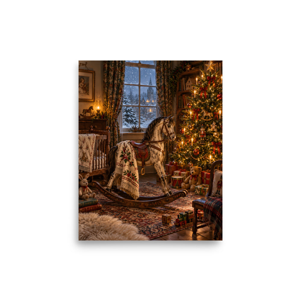 Schaukelpferd am Weihnachtsbaum – Poster 8 × 10 Zoll