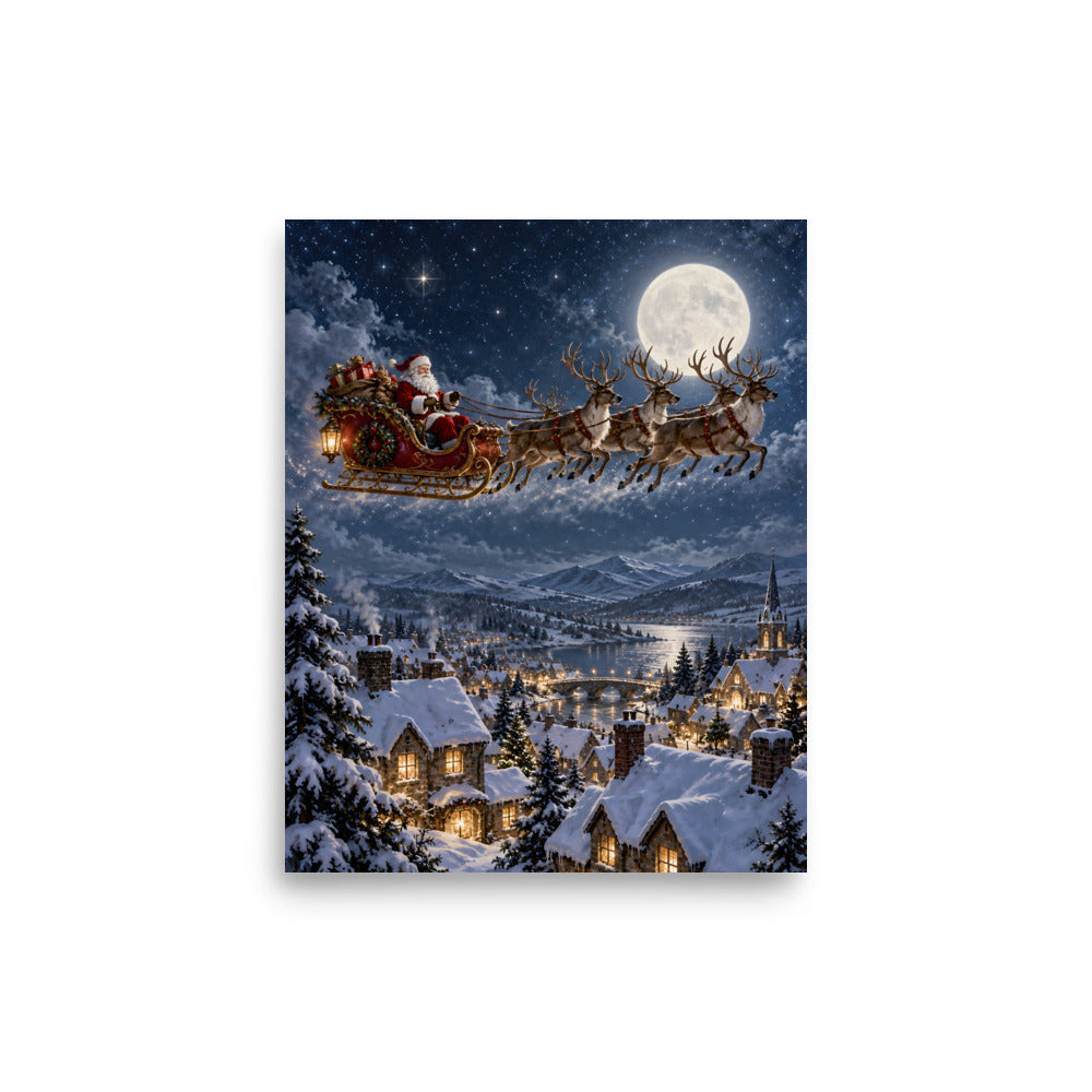 Weihnachtsschlitten über verschneiten Dächern – Poster 8 × 10 Zoll