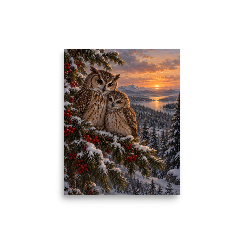 Wintereulen im Tannenwald – Poster 8 × 10 Zoll