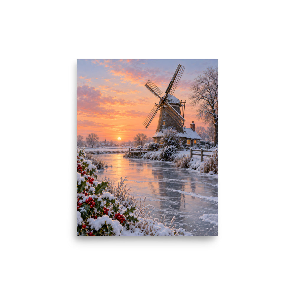 Verschneite Windmühle im Morgenlicht – Poster 8 × 10 Zoll