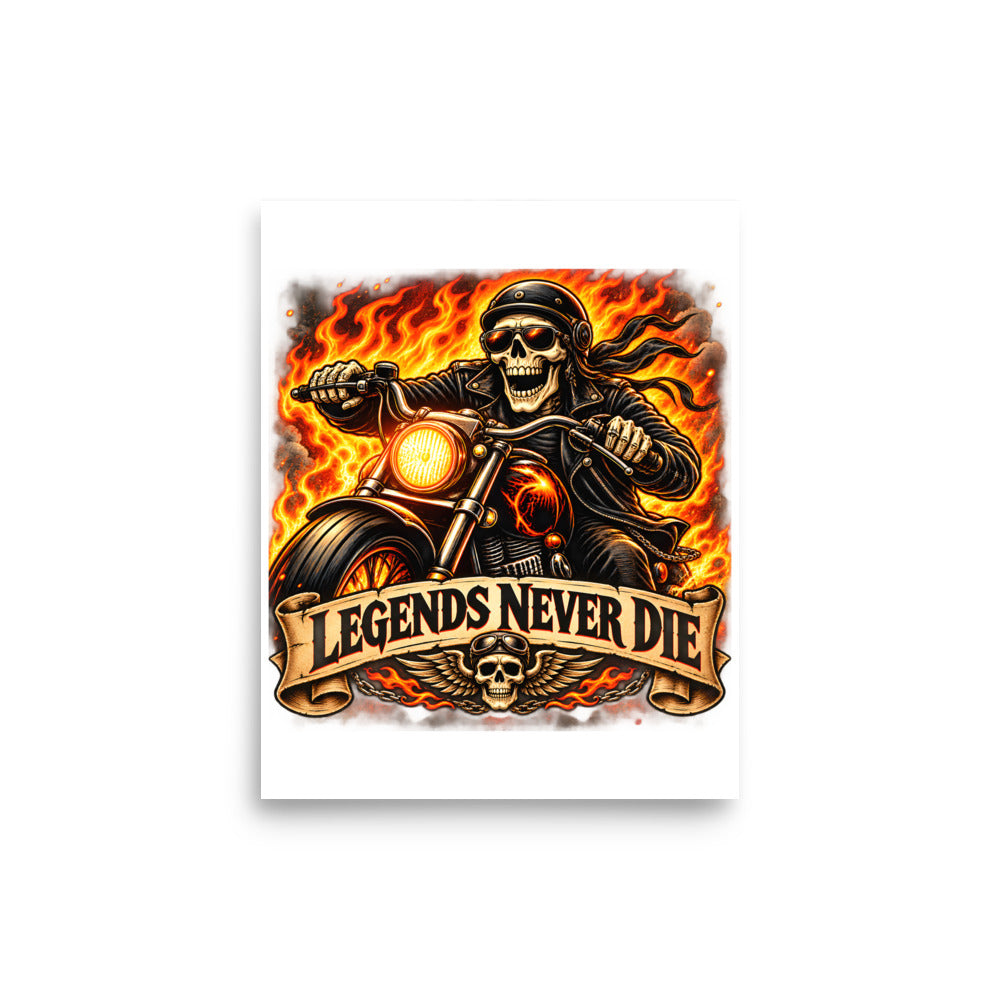 Skelett-Biker mit Flammen und Schriftzug – Poster 8 × 10 Zoll