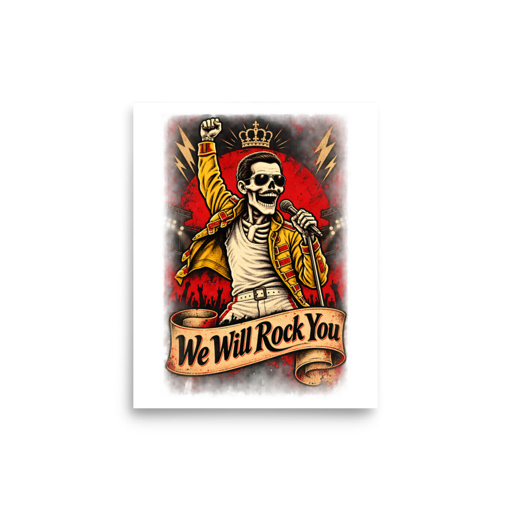 Skelett-Rocksänger mit Krone und Mikrofon – Poster 8 × 10 Zoll