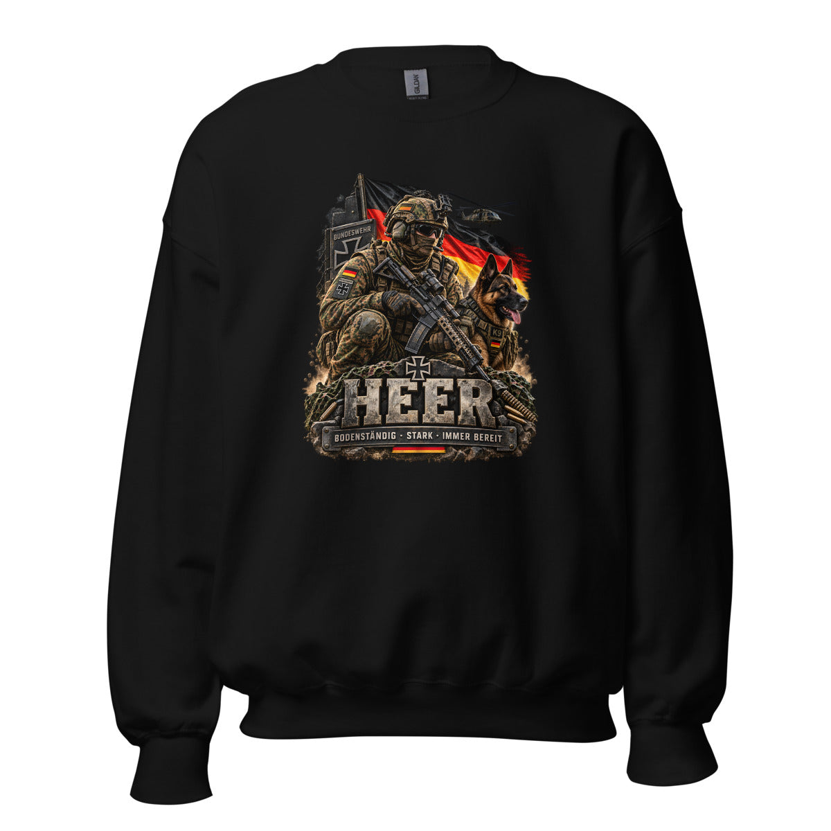 Bundeswehr Soldat mit Diensthund und Flagge – Sweatshirt – großer Frontdruck