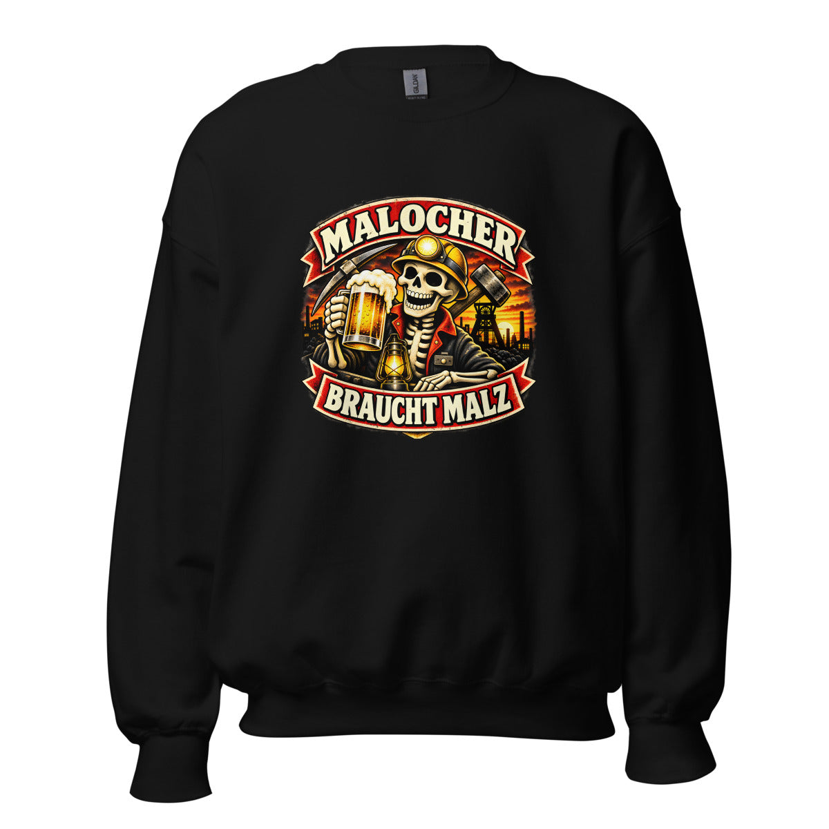 Malocher mit Bier und Grubenlampe – Sweatshirt – großer Frontdruck