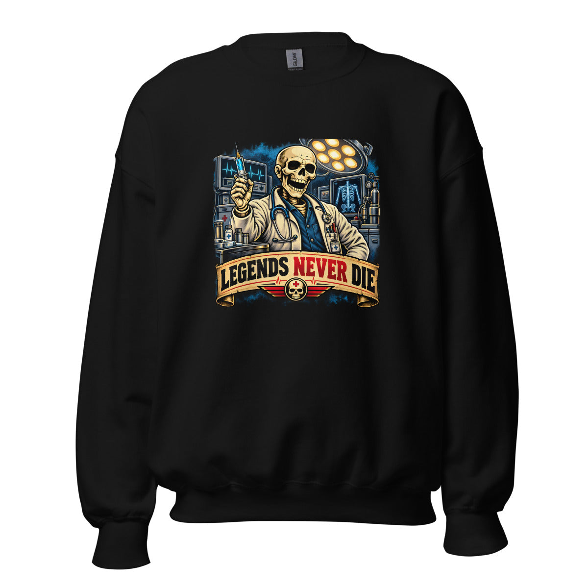 Skelett-Arzt mit Spritze und Schriftzug – Sweatshirt – großer Frontdruck