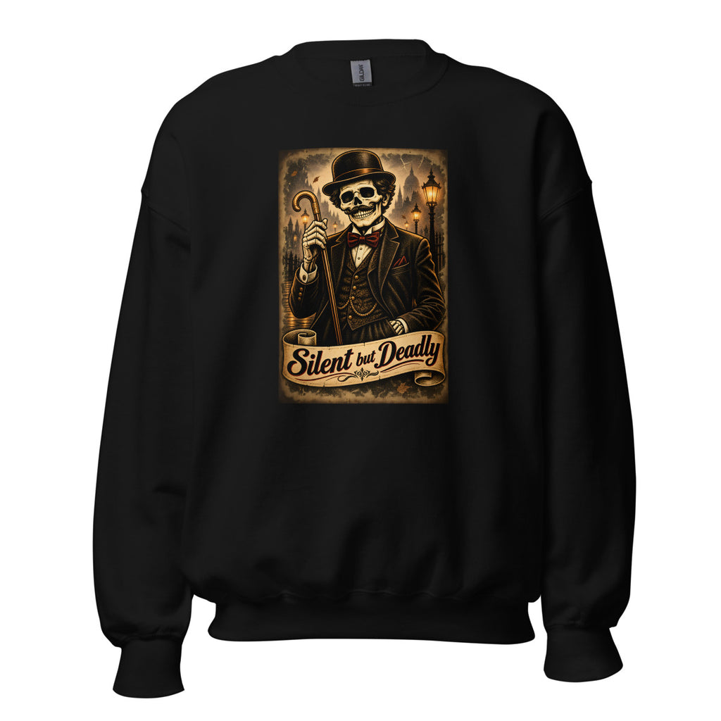 Skelett-Gentleman mit Zylinder und Gehstock – Sweatshirt – großer Frontdruck