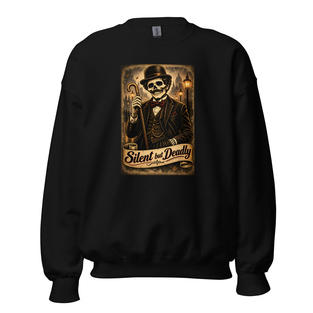 Skelett-Gentleman mit Zylinder und Gehstock – Sweatshirt – großer Frontdruck