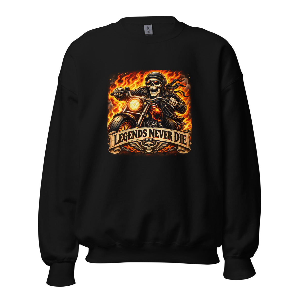 Skelett-Biker mit Flammen und Schriftzug – Sweatshirt – großer Frontdruck