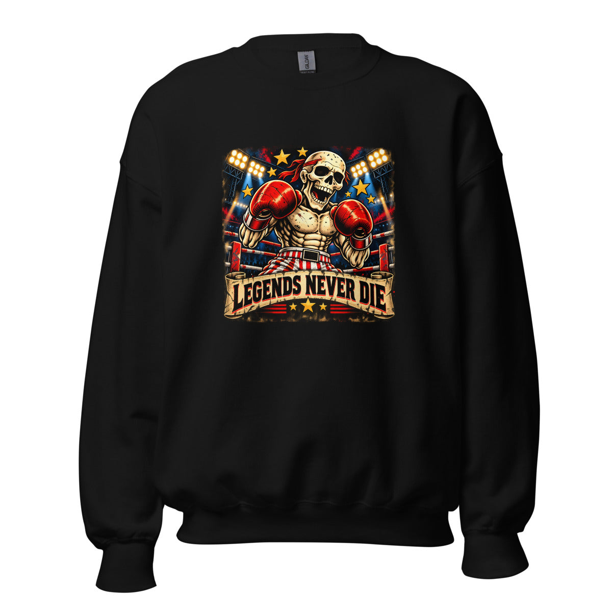 Boxskelett mit Schriftzug "Legends Never Die" – Sweatshirt – großer Frontdruck