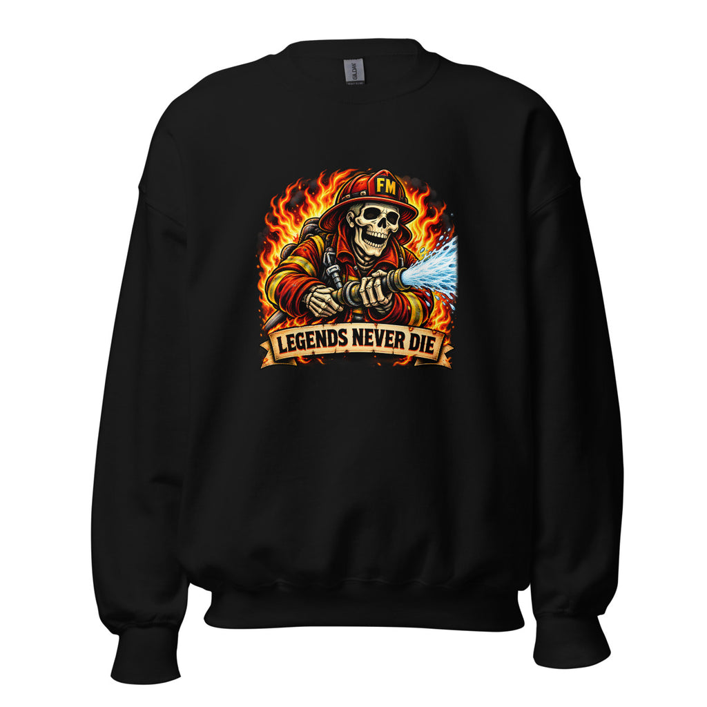 Feuerwehr-Skelett mit Schriftzug "Legends Never Die" – Sweatshirt – großer Frontdruck