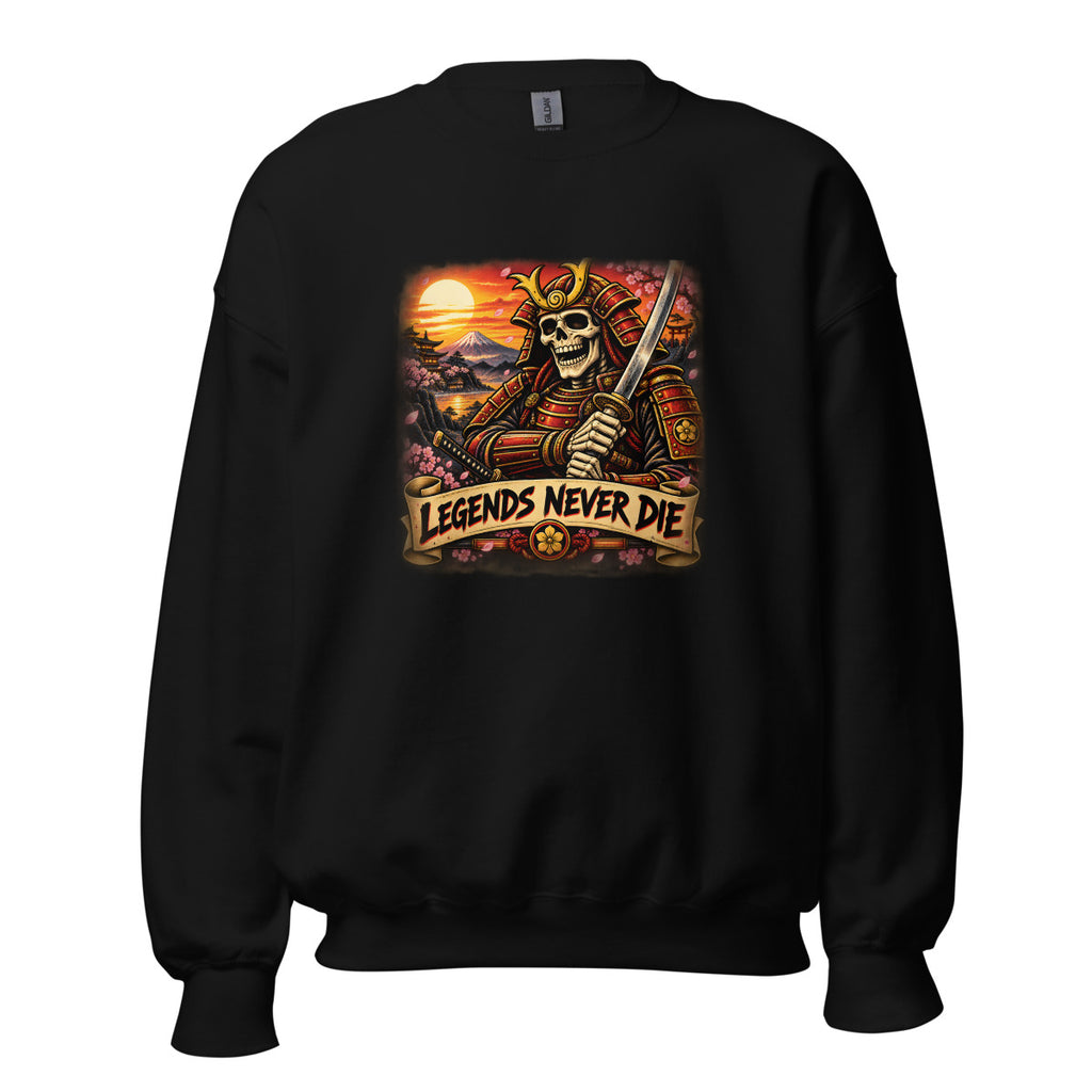Skelett-Samurai mit Schriftzug "Legends Never Die" – Sweatshirt – großer Frontdruck