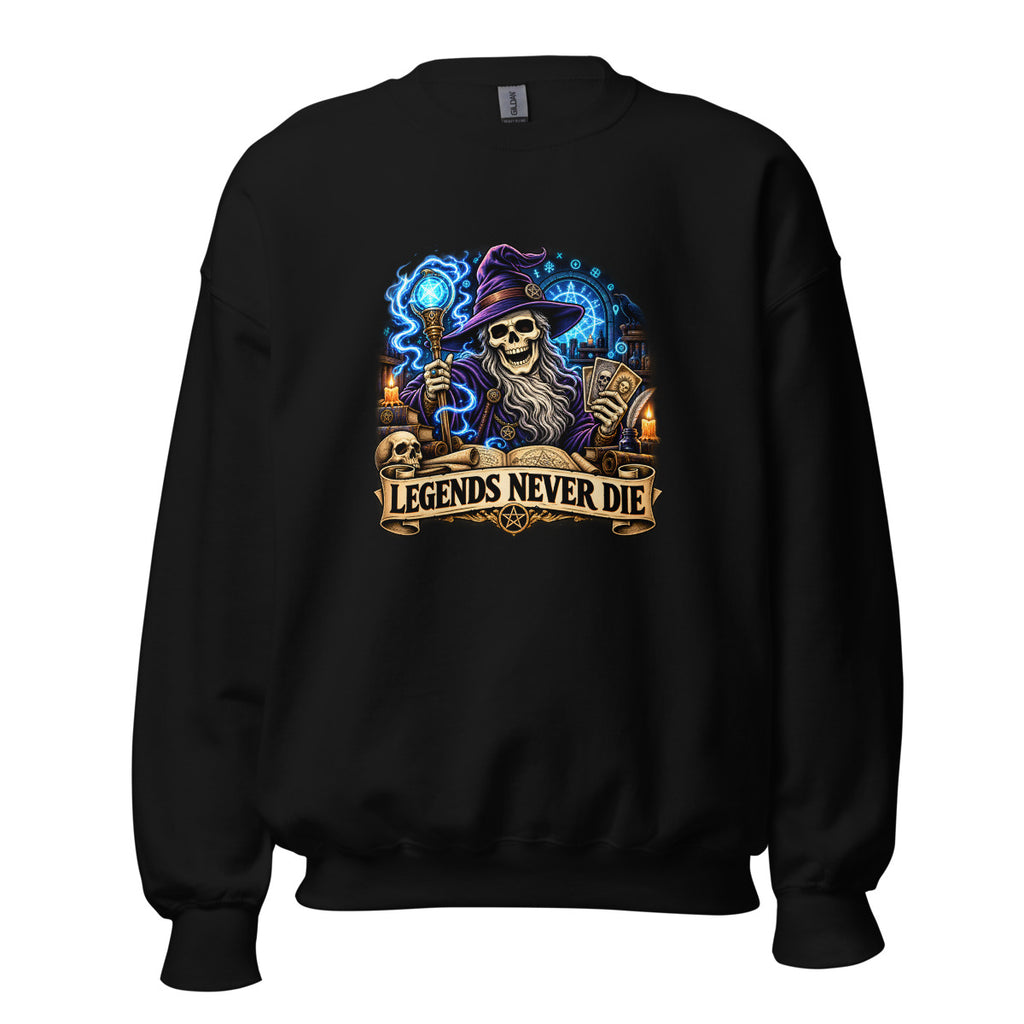 Skelett-Zauberer mit Schriftzug "Legends Never Die" – Sweatshirt – großer Frontdruck