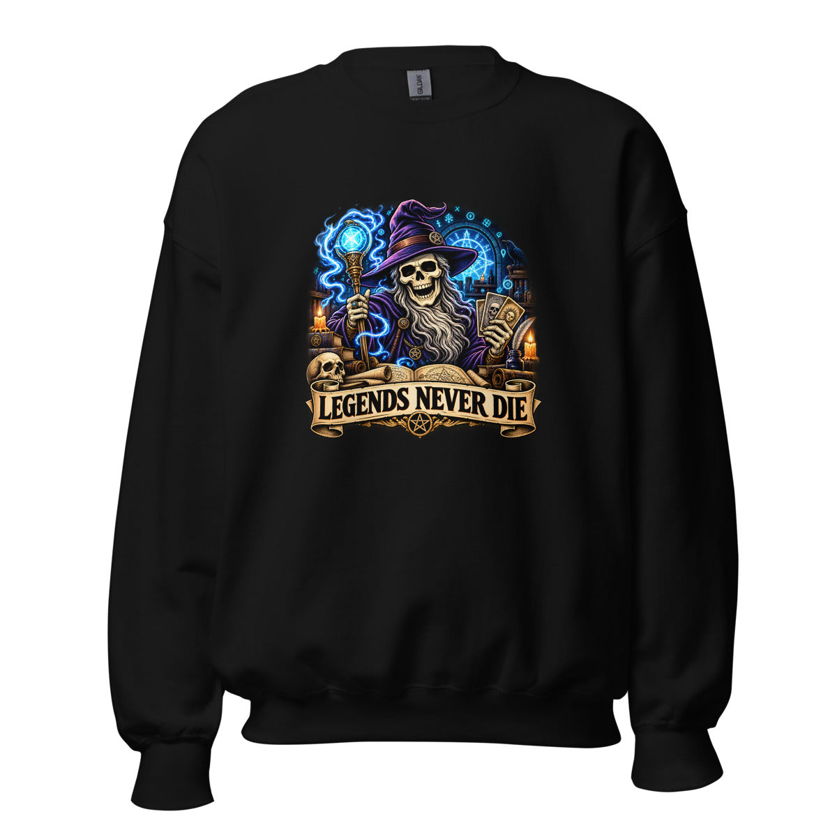 Skelett-Zauberer mit Schriftzug "Legends Never Die" – Sweatshirt – großer Frontdruck