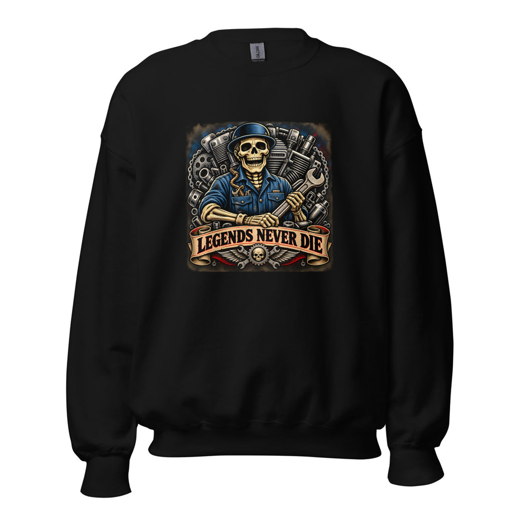 Skelett-Mechaniker mit Schraubenschlüssel und Schriftzug – Sweatshirt – großer Frontdruck