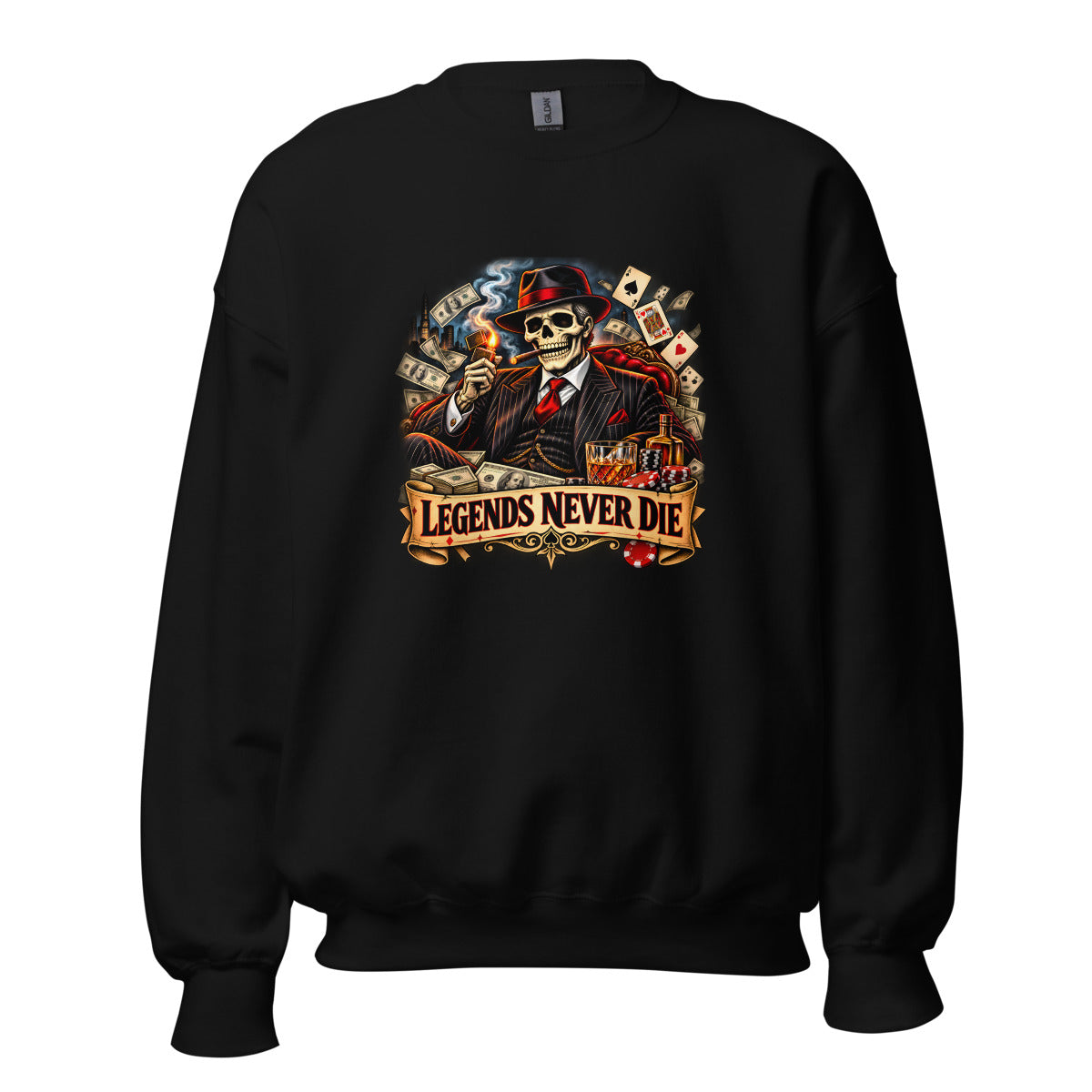 Skelett-Gangster mit Zigarre und Schriftzug – Sweatshirt – großer Frontdruck