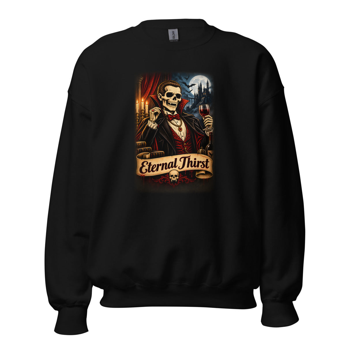 Vampir-Skelett mit Rotweinglas – Sweatshirt – großer Frontdruck