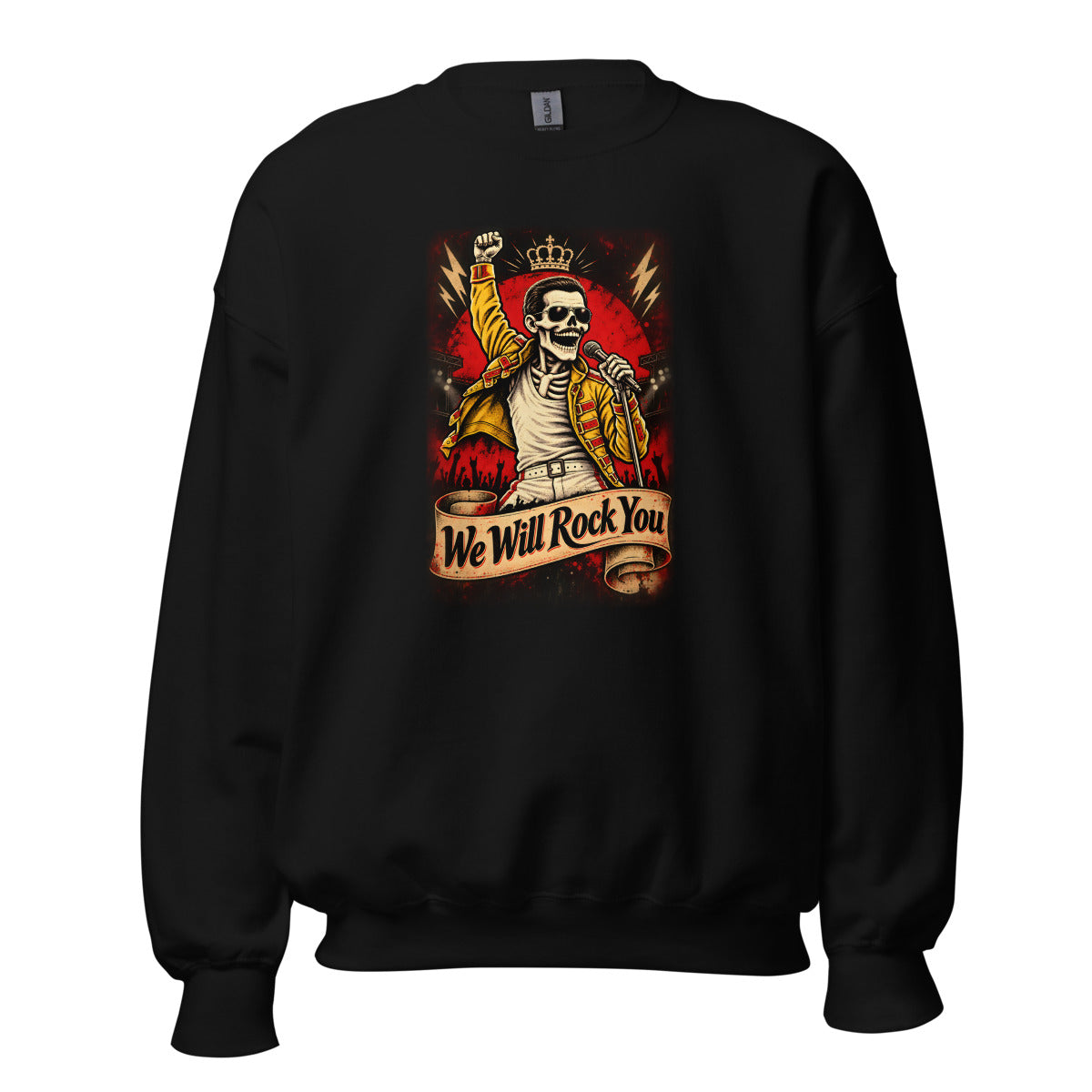 Skelett-Rocksänger mit Krone und Mikrofon – Sweatshirt – großer Frontdruck