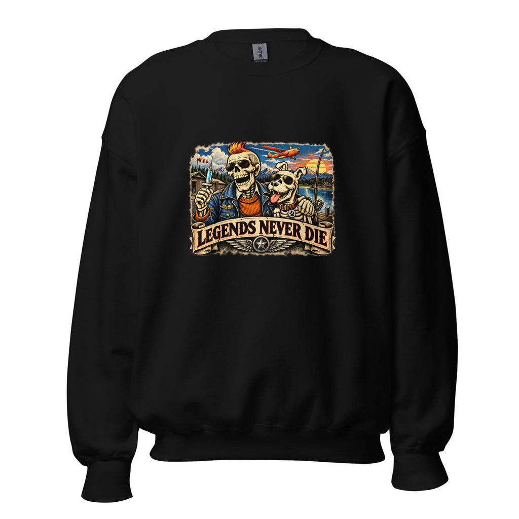 Legends Never Die mit Skelett und Hund – Sweatshirt – großer Frontdruck
