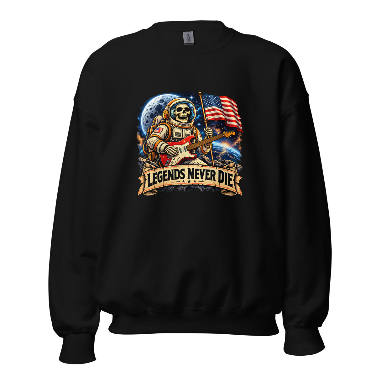 Legends Never Die - Astronaut mit Skelett und Gitarre – Sweatshirt – großer Frontdruck