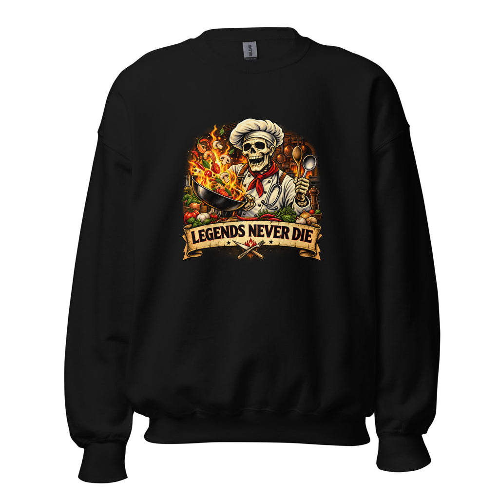 Skelett-Koch mit brennender Pfanne und Schriftzug – Sweatshirt – großer Frontdruck