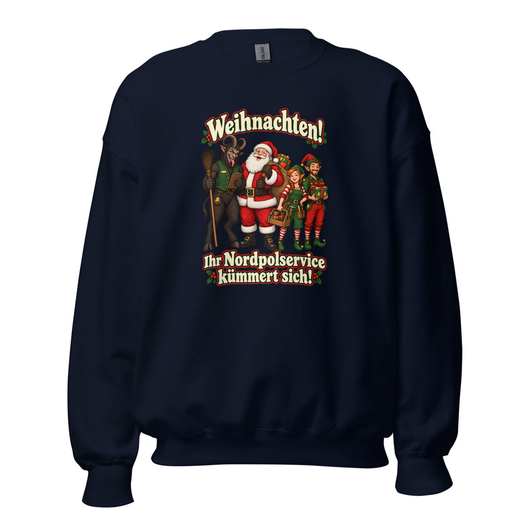 Weihnachten! Ihr Nordpolservice kümmert sich! – Sweatshirt – großer Frontdruck