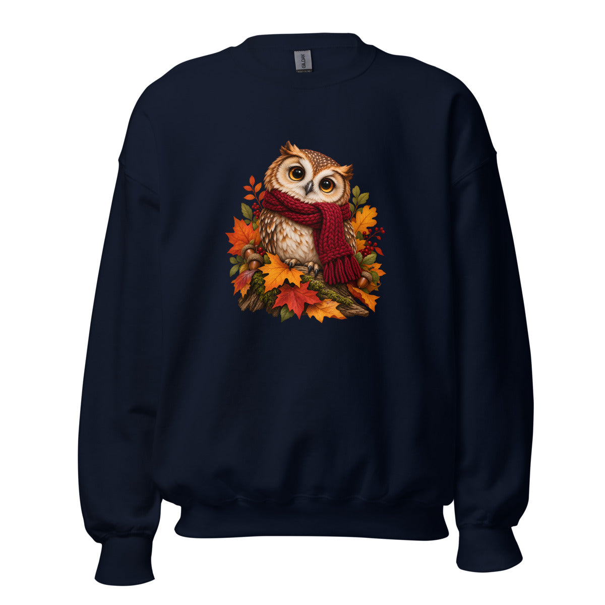 Eule im Strickschal – Sweatshirt – großer Frontdruck