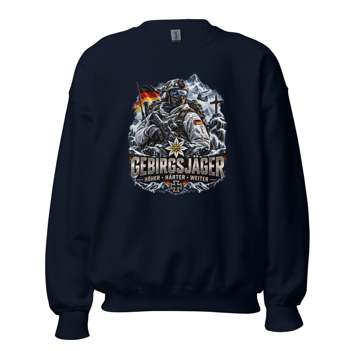 Gebirgsjäger Soldat im Schnee – Sweatshirt – großer Frontdruck