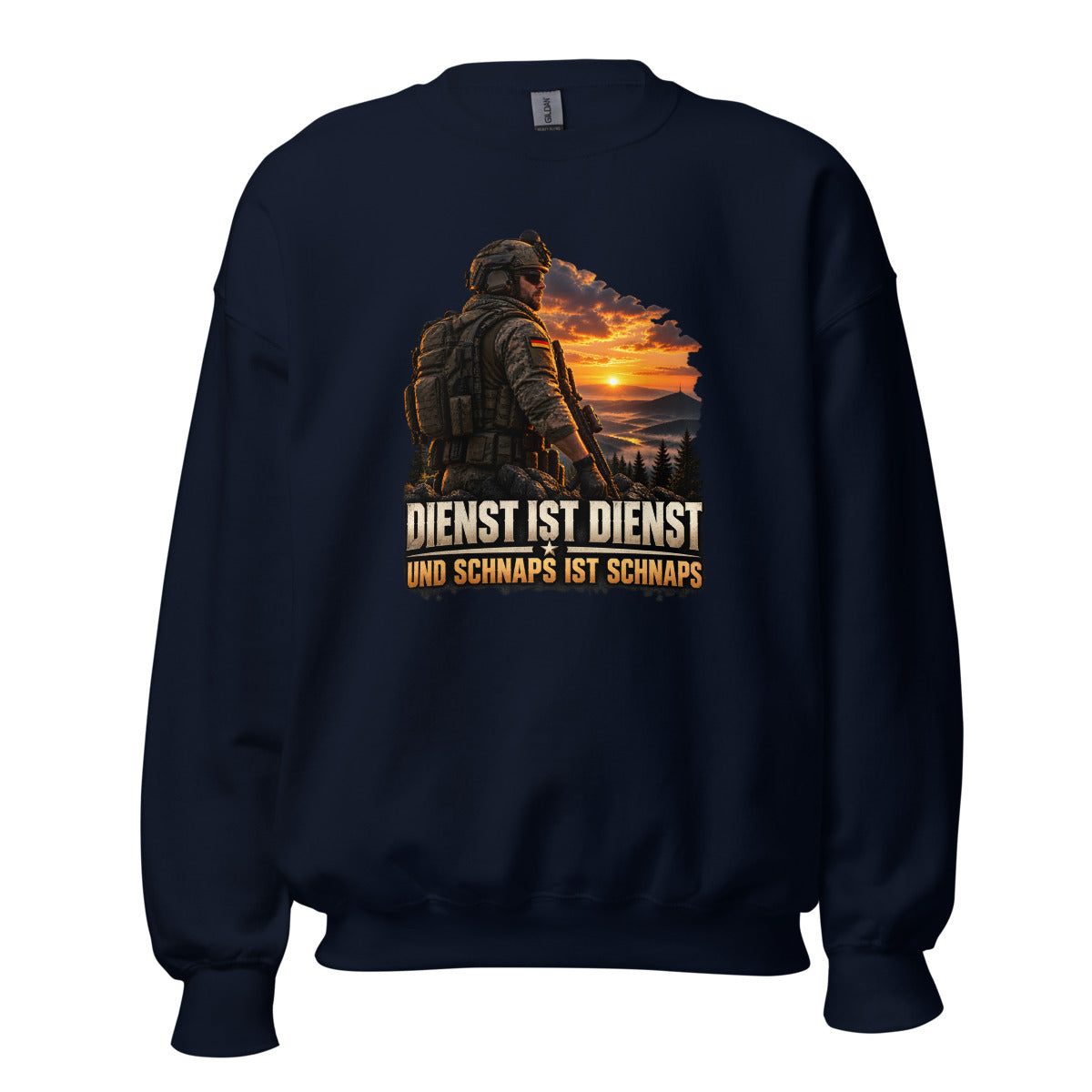 Soldat vor Sonnenuntergang mit Spruch – Sweatshirt – großer Frontdruck