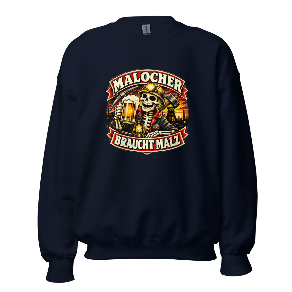 Malocher mit Bier und Grubenlampe – Sweatshirt – großer Frontdruck