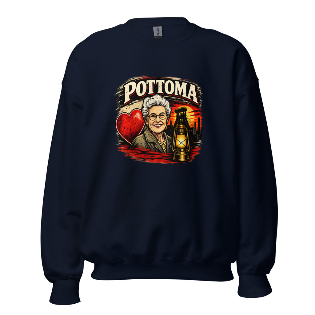 POTOMA mit älterer Frau, Bergbau und Laterne – Sweatshirt – großer Frontdruck