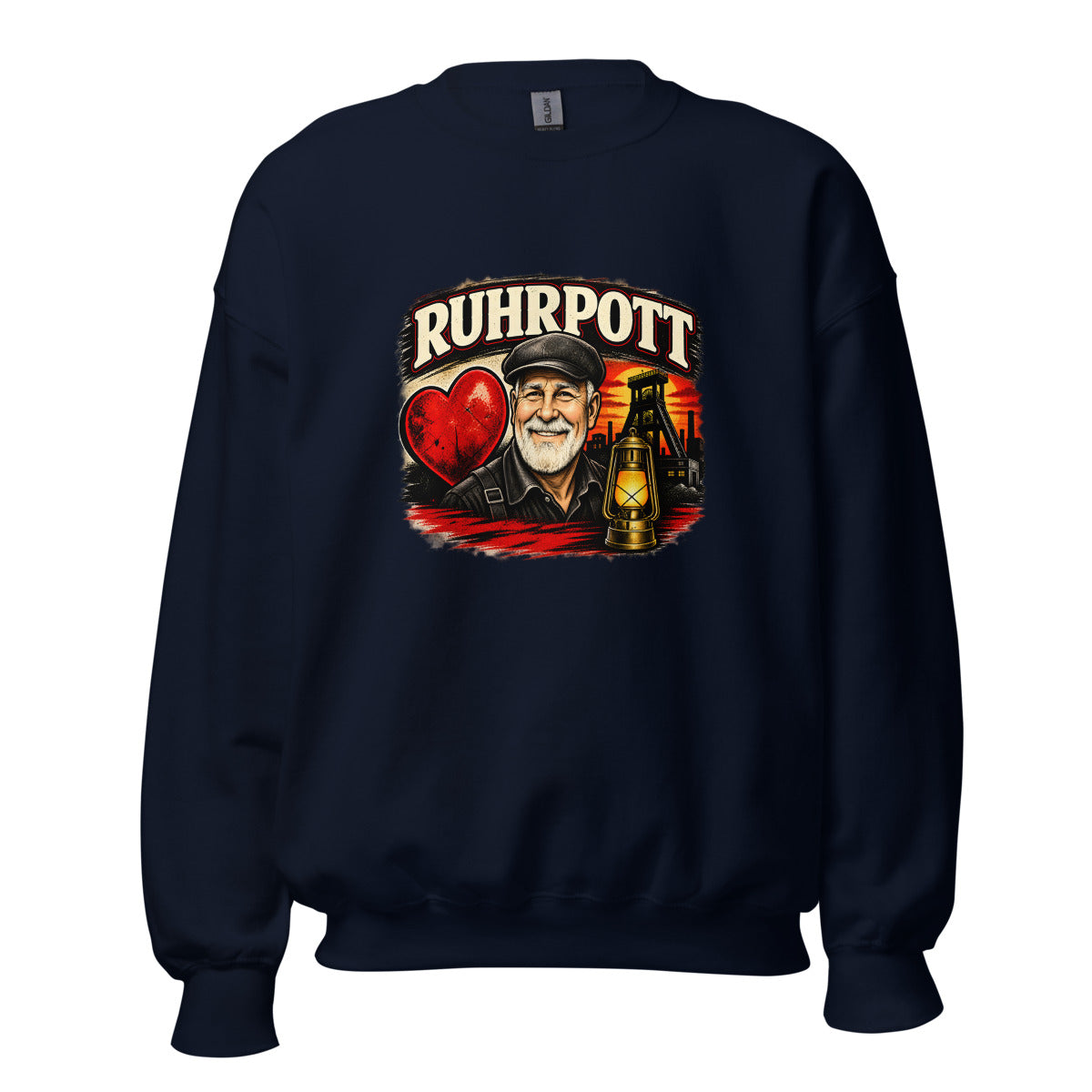 Ruhrpott Bergmann mit Herz und Grubenlampe – Sweatshirt – großer Frontdruck