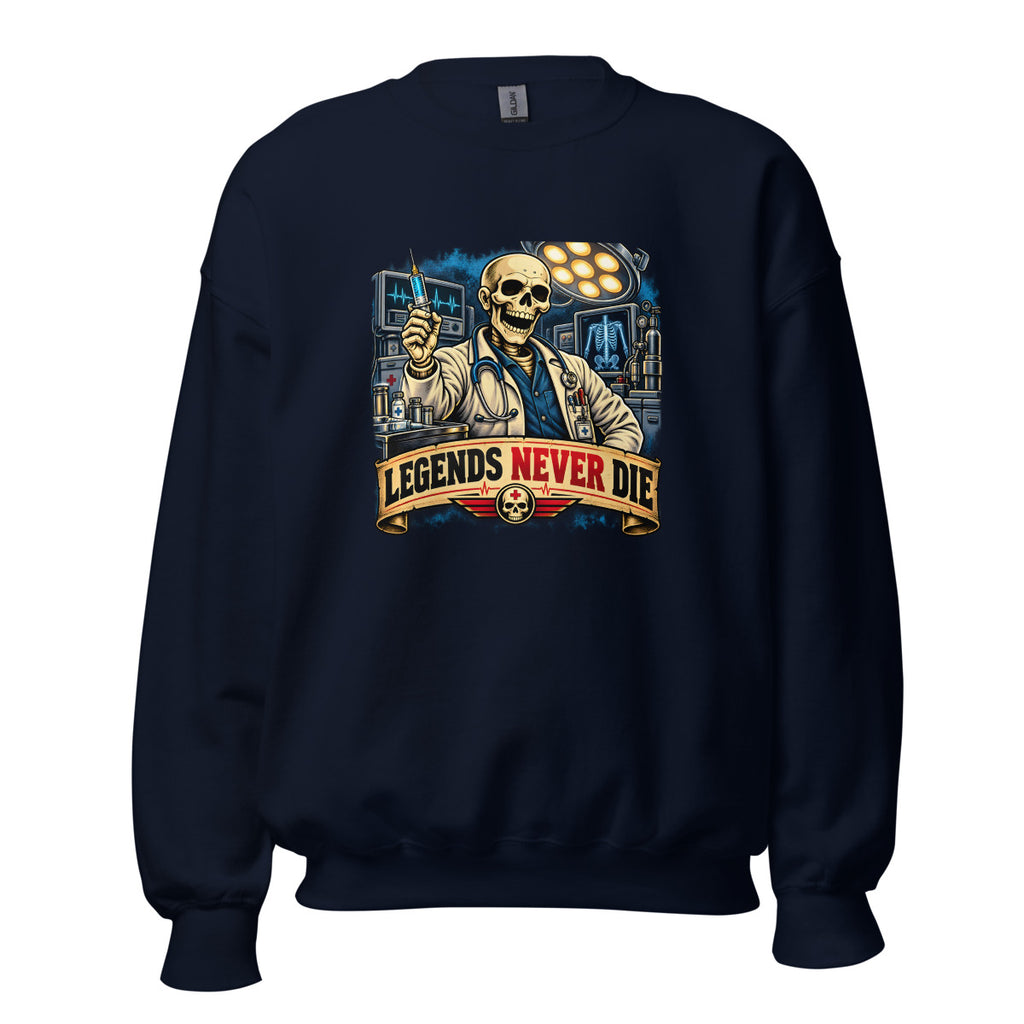 Skelett-Arzt mit Spritze und Schriftzug – Sweatshirt – großer Frontdruck