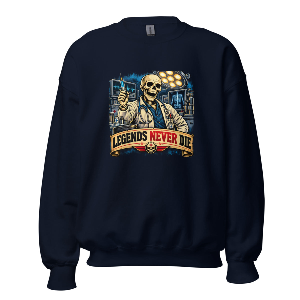 Skelett-Arzt mit Spritze und Schriftzug – Sweatshirt – großer Frontdruck