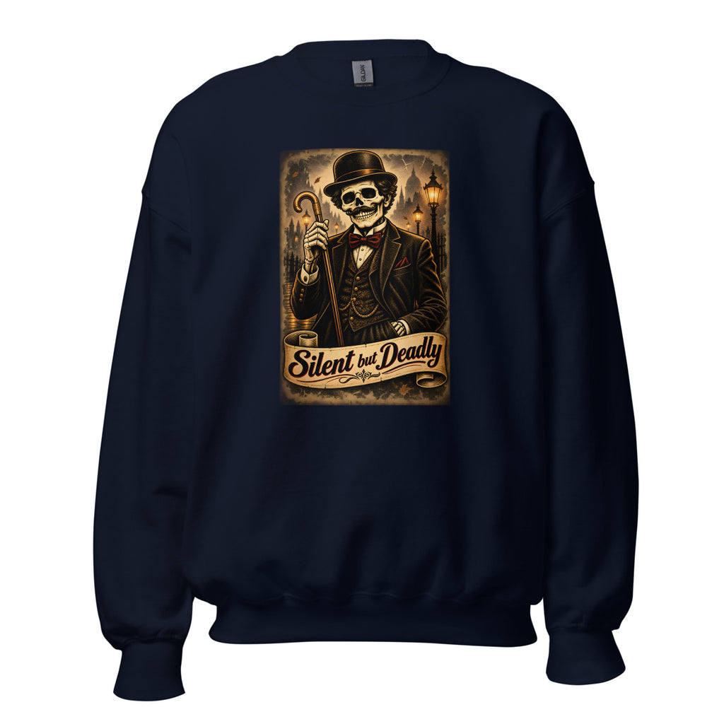 Skelett-Gentleman mit Zylinder und Gehstock – Sweatshirt – großer Frontdruck