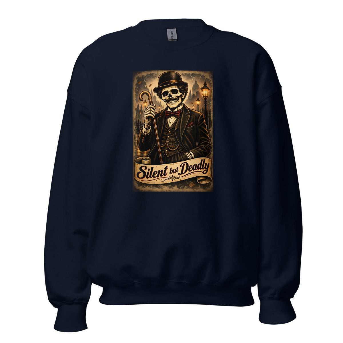 Skelett-Gentleman mit Zylinder und Gehstock – Sweatshirt – großer Frontdruck